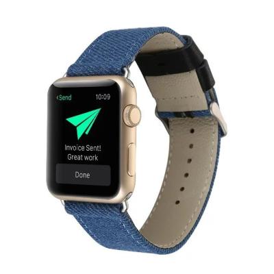 China Comfortable Universal Genuine Leather Strap Blue Jeans Fabric Wrist Watch Band For Apple Watch for sale