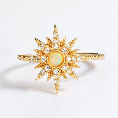 China Trendy Fashion Women Gold Vermeil Created Jewelry Sun Star 925 Silver Synthetic Opal Ring for sale