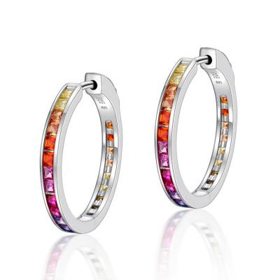 China Nickel Free Hot Sale 925 Sterling Silver Rhodium Plated Hoop Earrings Women Color Rainbow Stone Huggie Earrings for sale