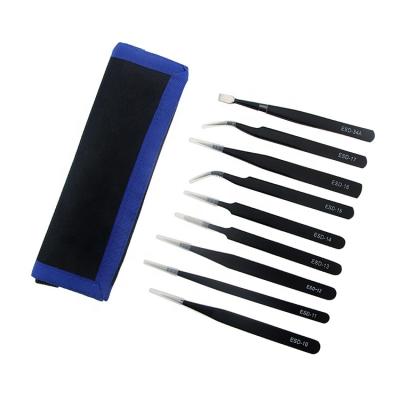 China KS-ESD-9 9Pcs Precise Stainless Steel Tweezers Anti ESD Static Tweezers Set For Electronics PCB Mobile Phone Repair Tool Kit for sale