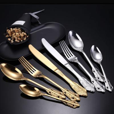 China Viable Royal Gold Flatware Set Stainless Steel Gold Cutlery Set Spoon Fork And Knife Set for sale