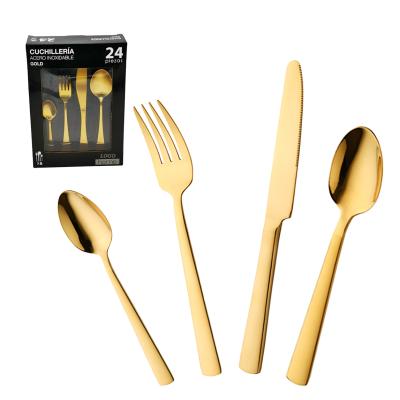 China 24-Piece Gold Flatware Wedding Gift Viable Gold Flatware Sets Knife Fork Luxury Spoon in Box for sale