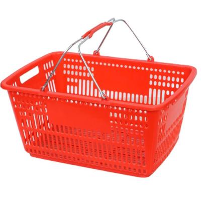 China 1) Supermarket 2)stores Factory Pricered Color Double Handle Plastic Supermarket Shopping Basket for sale