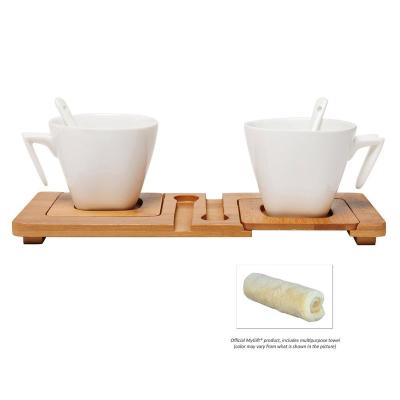 China Sustainable Wholesale Bamboo Tea Canister Set White Ceramic Cups And Spoons On Bamboo Serving Tray Inset Coasters for sale