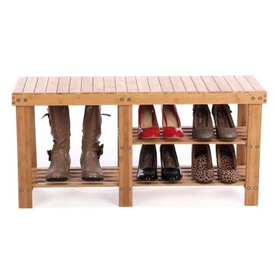 China Traditional 2 Tier Wooden Boot Organizing Rack Storage Shelf 100% Natural Bamboo Shoe Rack Bench For Entryway for sale