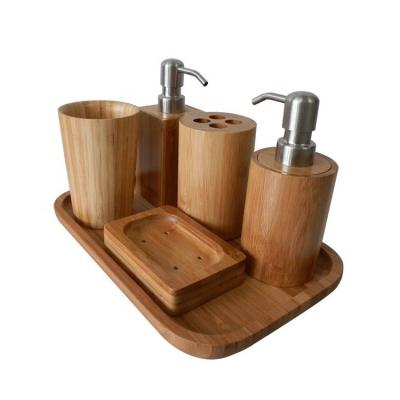 China Sustainable Cheap Bamboo Bathroom Accessories Set With Soap Lotion Dispenser, Call Brush Holder And Tray for sale