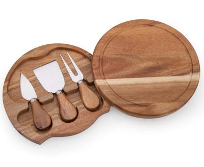 China Viable Round Acacia Wood Cheese Cutting Board with 3 Knives / Food Serving Dishes for sale