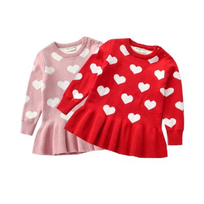 China 2022 anti-static anti-static valentines love heart pattern toddler baby red pink sweater dresses long sleeve wool knit kids sweater pleated dress for sale