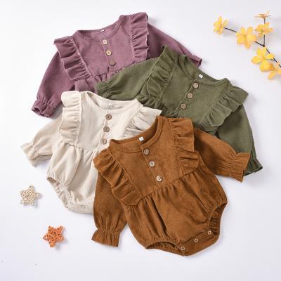 China Boutique Girls Button Corduroy Romper Chest Button Corduroy Romper Clothes Spring Autumn Long Sleeve Jumpsuit Corduroy Shoulder Ruffle Baby Rompers for sale