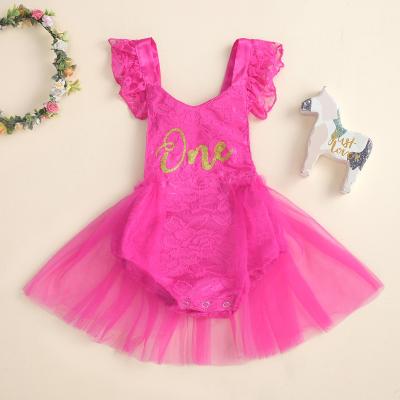 China Lace Up Strap Floral Cute Romper Lace Up Strap Floral Cute Romper Girls One Piece Ruffled Print Floating One Piece Sleeves Jumpsuit Lace Up Floral Romper Dress V-Back Tulle for Birthday Party for sale