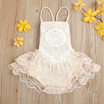 China 2022 Summer Nylon/Cotton Nylon/Cotton Boho Baby Clothes Newborn Photography Outfits Lace Up Flower Halter Jumpsuit Baby Lace Bubble Backless Romper for sale