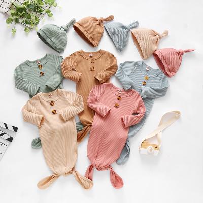 China Long Sleeve Ribbed Knotted Infant Knit Sleep Robe Long Sleeve Ribbed Knotted Infant Knit Sleep Robe 2022 Newborn Infant Toddler Boy Girl Knotted Sleeper Button Front Solid Color Tie Ribbed Cotton Baby Tied Dress With Hat Bow for sale