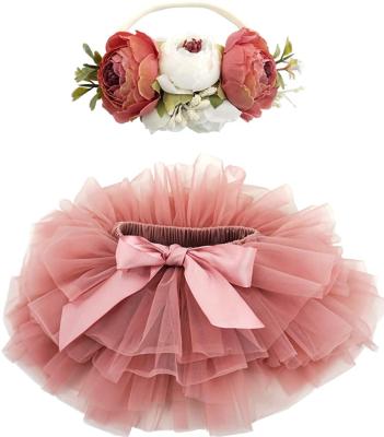 China Dusty Pink Tutu Skirt Solid Color Antibacterial Baby Chiffon Fluffy Tutu Bloomer With Headband for sale