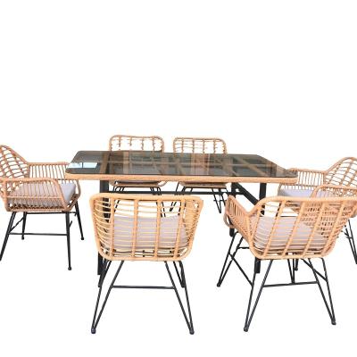 China Weather Furniture Outdoor Outdoor Rattan Wicker Furniture Sets Backyard Garden Bamboo Style Rattan Six Chairs and ONE Table Furniture Sets for sale