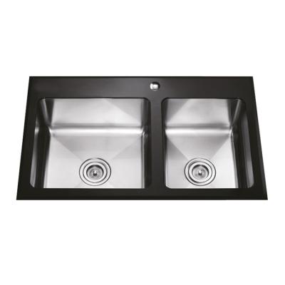 China With Faucet Modern Black Color Frame Stainless Steel Double Bowl Sink 860*500*230mm With Bathroom Faucet for sale