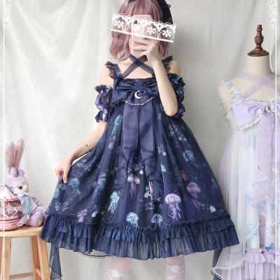 China Polyester Custon Design Coral Jellyfish Jsk Summer Clothing Soft Lace Printed Sleeveless Halter Lolita Girl Dress for sale