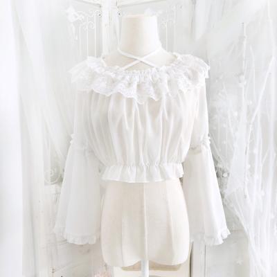 China Anti-pilling White Lace Causal Chiffon Fabric Ruffled Solid Color Long Sleeve Women's Long Puff Top Shirt for sale