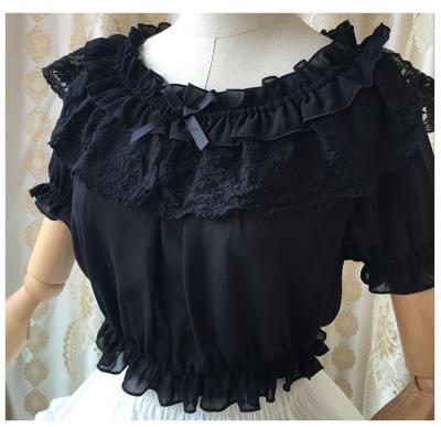 China Anti-pilling Lolita Black Floral Chiffon Puff sleeve lace ruffled bottom women gothic tube top shirt blouse top apparel for sale