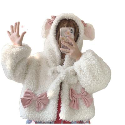 China Cute Warm Winter Women Velvet Wool All-match Anti-wrinkle Flannel Lining Fabric Soft Lamb Fur Coat For Women With Erect Ears for sale