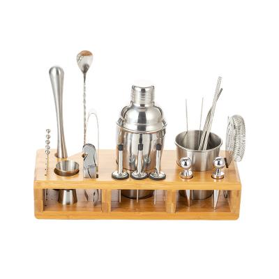 China Professional Stocked Cocktail Shaker Set Stainless Steel 23 Piece Bartender Kit With Wooden Stand for sale