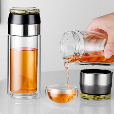 China 2022 stocked single morden 300ml sublimation clear separate double wall cup borosilicate glass tea infuser leak-proof water bottle for sale