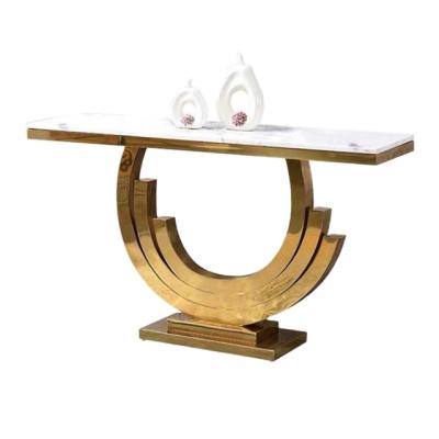 China (Others) 2021 Adjustable Gold Luxury Modern Chromed Stainless Steel Artificial Marble Console Table For Living Room for sale