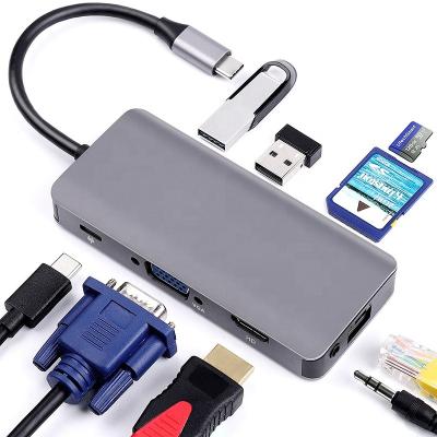 China Aluminum Alloy+ABS USB C Docking Station 9 in 1 Type C Gigabit Ethernet 2USB Laptop Docking Station Adapter HDTV VGA Palladium SD TF Card Reader Docks in audio communication for sale