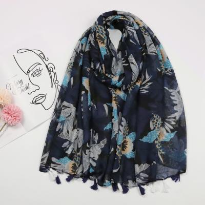 China New Style Sweet Soft Feeling Tropical Plant Flowers Printed Tassel Scarf Cotton Viscous Scarf For Women for sale