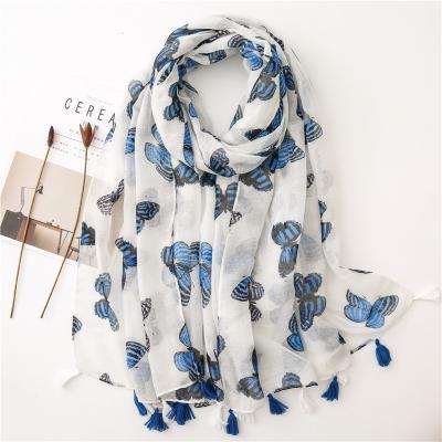 China Feeling Soft Smooth Blue Butterfly Printed Scarf Bali Chat Thin Section Soft Cotton Sunscreen Shawl Squishy Scarf for sale