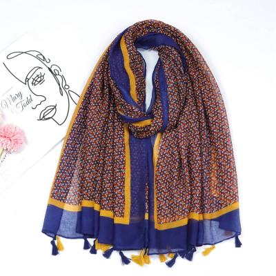 China Madame Bawal Viscose Tassel Soft Smooth Feeling Colorful Floral Print Wide Shawl Retro Summer Flowy Cotton Scarf Shawl Fashion Headwrap for sale