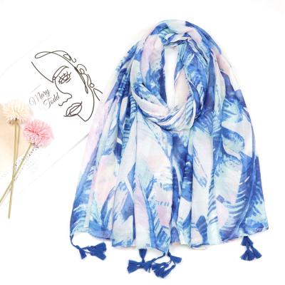 China Plain Soft Smooth Feeling Tie Dyed Gradient Cotton Shawl Tropical Leaf Printed Scarf Multi-use Sunscreen Voile Shawl Squishy Tassel Headwrap for sale