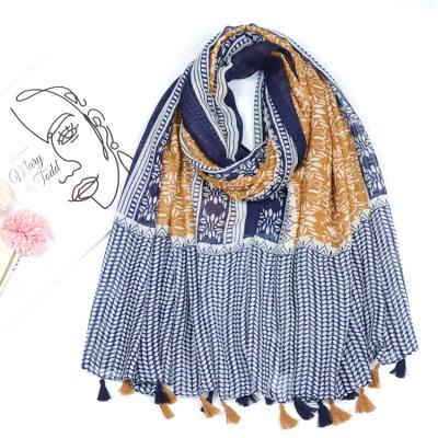 China Soft Soft Feeling Exotic Flower Printed Fashion Cozy Headwrap Mustard GeometricTassel Scarf Women Cotton Viscous Wide Shawl for sale