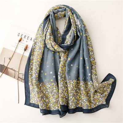 China Spring Summer Flower Print Scarf Cotton Feel Beach Sunscreen Flounce Soft Smooth Feeling Canvas Scarf For Elegant Women for sale