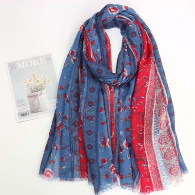 China French Romantic Style Retro Color Floral Printed Viscous Scarf Soft Soft Feeling Shawl Fashion Muslim Cotton Blue-Red Combined Headwrap for sale