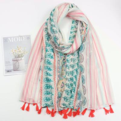 China 2021AW Retro Feeling Soft Smooth Floral Stripe Printed Soft Korean Style Cotton Scarf Multi-use Decoration Muslim Hijabs Viscous Shawl for sale