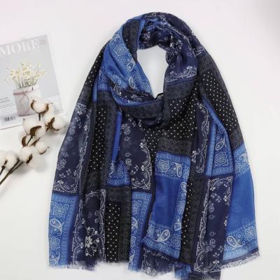 China Royal Blue Floral Print Shawl Retro Soft Soft Feeling Shawl Designer Cotton Viscose Multi-Use Scarf Multi-Use Decoration Muslim Hijabs for sale