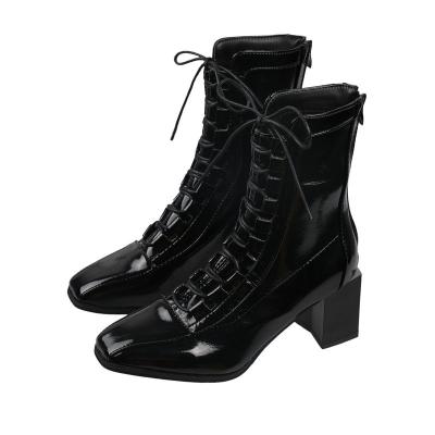 China New Designer Patent Leather Waterproof Short Boots For Ladies , Lace Up Type Strong Heels Women Ankle Boots for sale