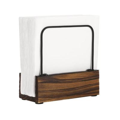 China New Design Minimalist Modern Table Top Black Square Metal Wire And Straight Burnt Wood Napkin Holder for sale