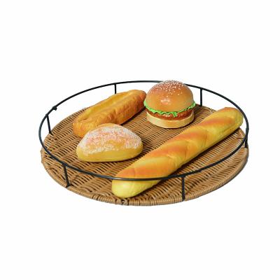 China Sustainable European Style Household Table Top Round Form Iron And Basket Woven Bread Wicker Bottom Tray for sale