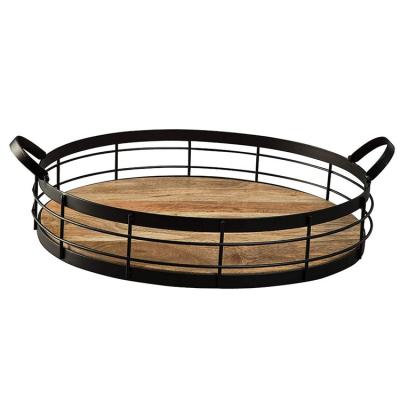 China Eco - Friendly Rustic Brown Grid Design Metal Wire Frame The Log Serving Tray For Home for sale