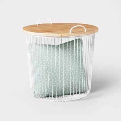 China Kids Room Viable Home Toys Sit Organizer Metal Storage Table White Wire Bin With Wooden Lid for sale