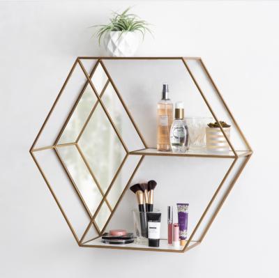 China Storage Wall Decor Hexagon Shape Floating Shelves Gold Metal And Glass Wall Mounted Storage Shelves for sale