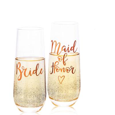 China 2pk Holiday Celebrations GIFT BOX Rose Gold Decoration Set Wedding Stemless Flute Champagne Glasses With Logo for sale