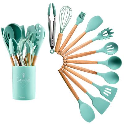 China Sustainable Silicone Cookware Sets 12pcs Kitchen Tools With Natural Wooden Handles Nonstick Home Cookware Kitchen Utensil Set for sale