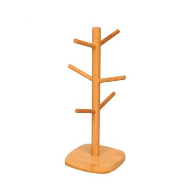 China 2021 New Design Sustainable Wooden Coffee Cup Organizer Natural Living Bamboo Tree Holder Cup Holders With 6 Storage Hooks for sale