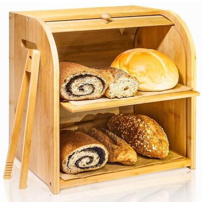 China Cheap Viable Double Layer Large Capacity Food Cutlery Storage Bin Bamboo Bread Box for sale