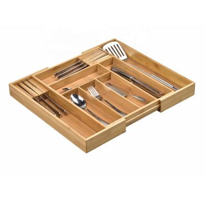 China Sustainable Expandable Cutlery Tray Bamboo Kitchen Under Desk Drawer Storage Organizer for sale