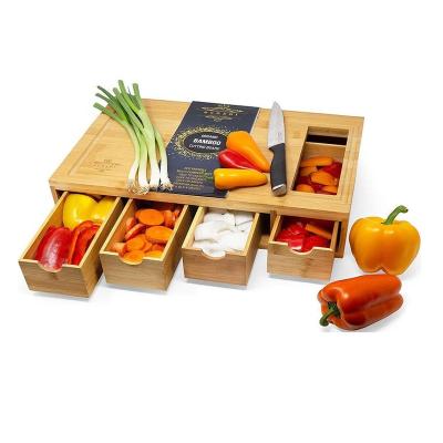 China 2022 Viable New Design Extendable Wooden Bamboo Cutting Board Set with 4 Storage Food Containers for sale