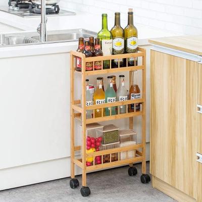 China Hot Selling 3 Tier Bamboo Kitchen Demountable Storage Trolley Slim Slide Rolling Pantry Shelf for sale