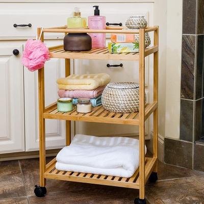 China Nordic BAMBOO 3 Tier Rolling Trolley Bathroom Rolling Organizer Trolley Serving Cart with Wheels Kitchen Hand Carts Carts for sale